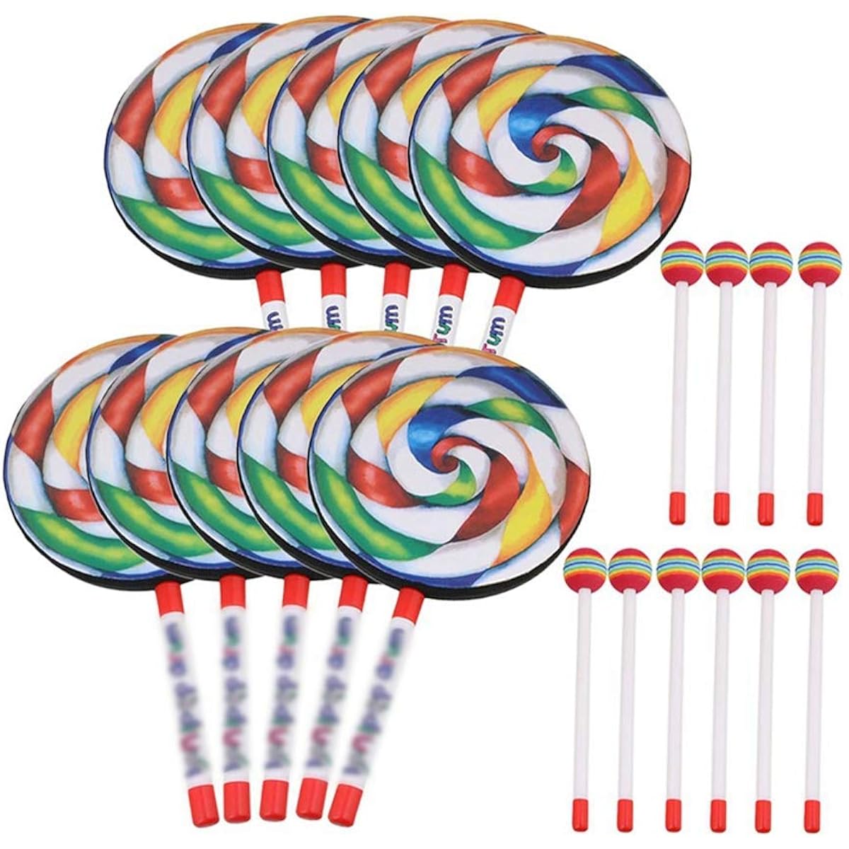 10 Pieces Kids Percussion Lollipop Drum, Mallet Musical Sound Toy Instrument for Boys Girls Gift, 8 Inch Diameter