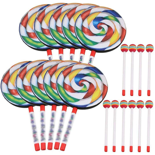 10 Pieces Kids Percussion Lollipop Drum, Mallet Musical Sound Toy Instrument for Boys Girls Gift, 8 Inch Diameter