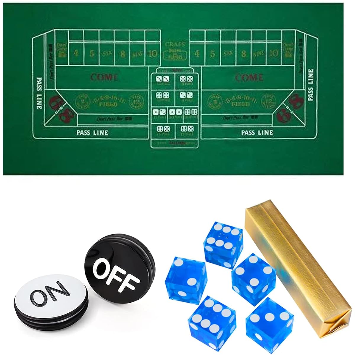 GSE Casino Style Craps Tabletop Game Set, 36"x72", Craps Layout Felt, AAA Grade 19mm Casino Dice, 5 Piece 3" Craps On/Off Puck Buttons with Matching Serial Numbers