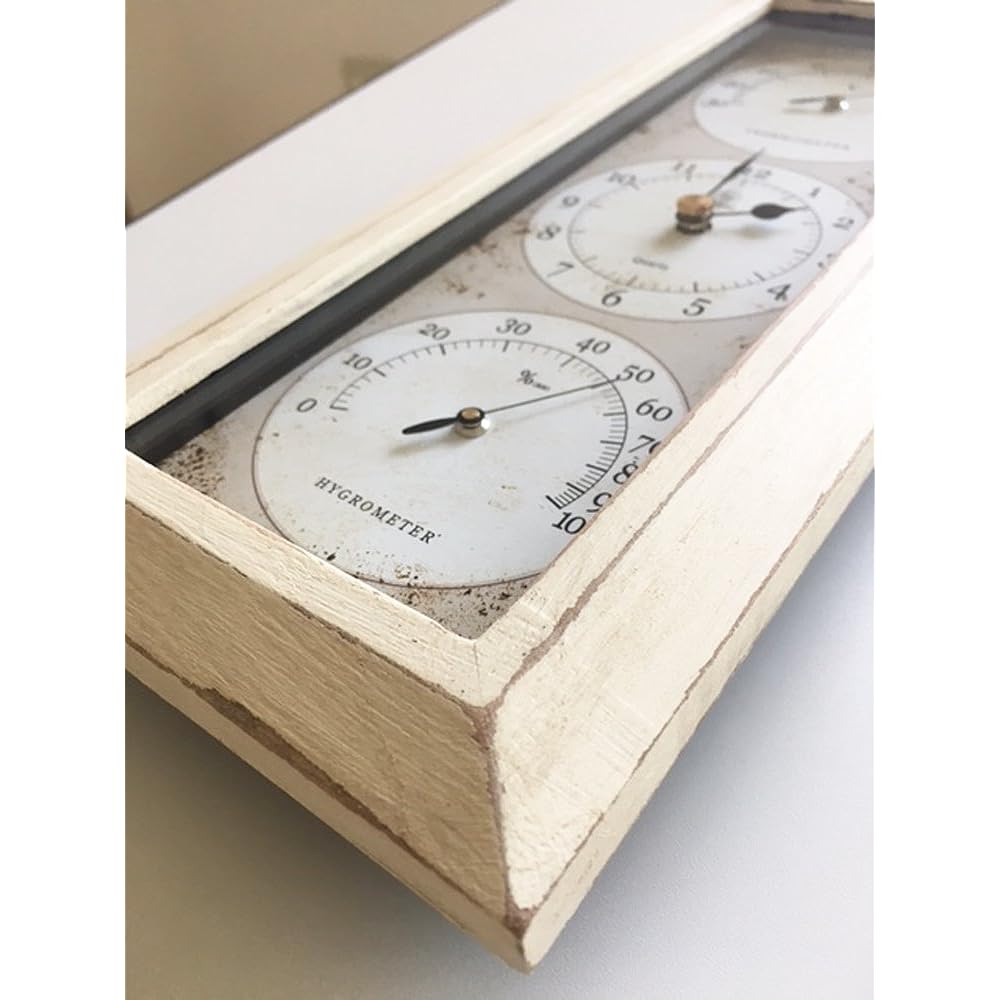 MYS Wall Hanging Clock, Made in Japan, Temperature and Hygrometer Included, Antique Processing, Analog, Handmade, Vertical, Ivory, Antique Clock YT-902