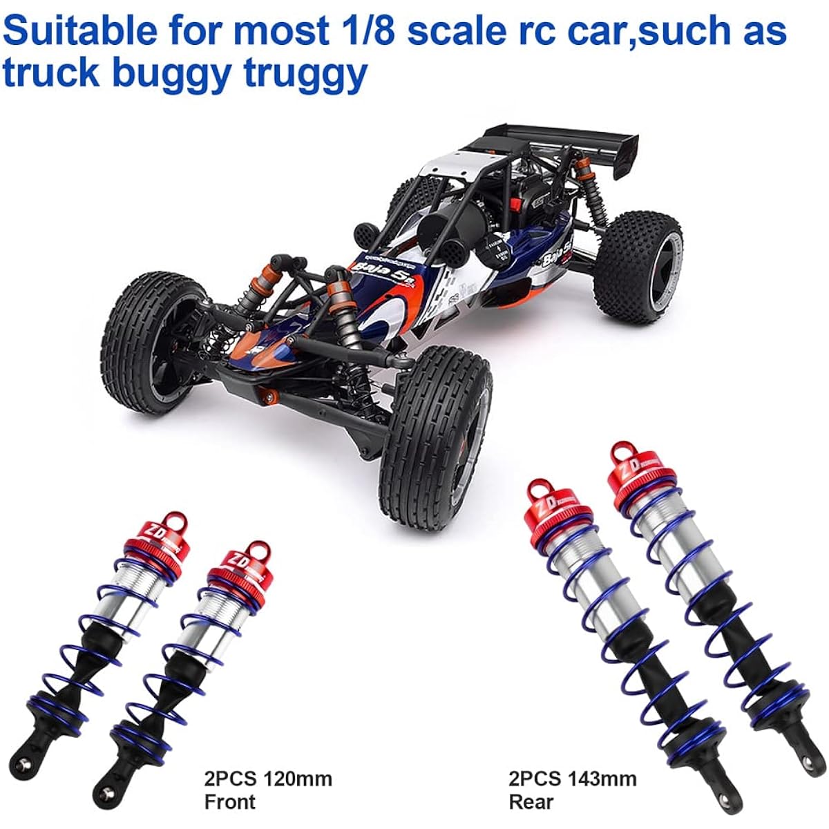 RC Car Shocks 4pcs 1:8 Front & Rear Shock Absorber Set Alloy Adjustable 1/8 Scale HSP DHK HPI Redcat Arrma ZD Racing Model Truck Buggy Truggy (Red)