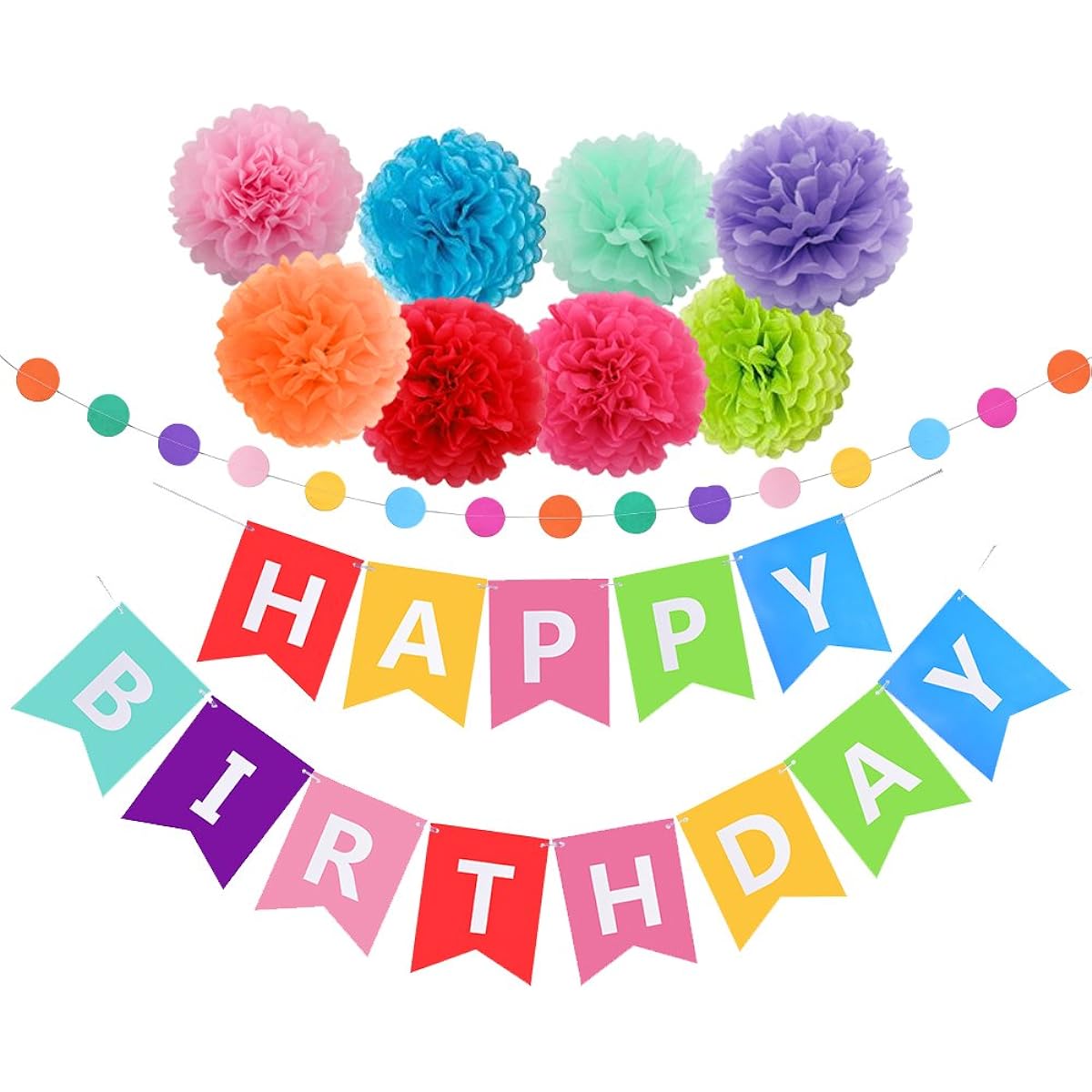 Happy Birthday Decorations Banner With Tissue Pom Poms For Rainbow Birthday Party Supplies