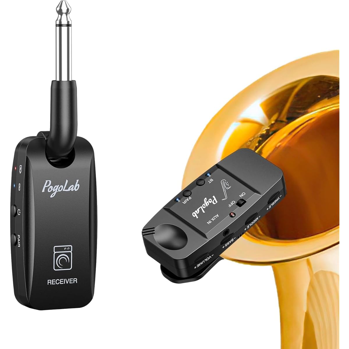 POGOLAB Wireless Saxophone System Rechargeable Saxophone Microphone Pickup System Clip-on Wireless Musical Instrument Microphone for Saxophone Trumpet Brass Instruments with Treble, Bass, and Mid Adjustment/50M