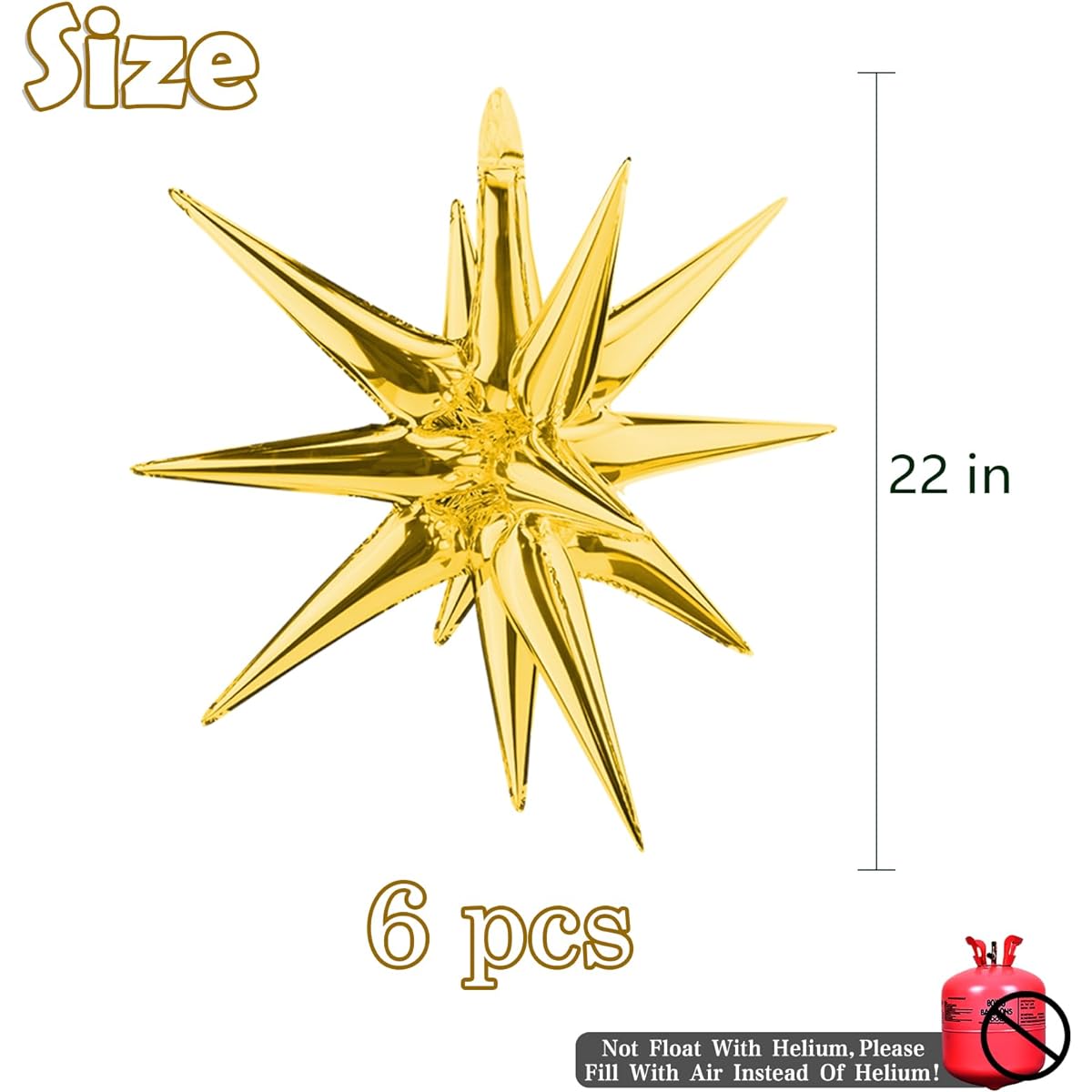 Moukiween 6pcs Exploding Star Foil Balloons - 12 Point Star Balloons Gold Starburst Cone Mylar Balloons Spiked Balloons Party Supplies for Christmas Birthday Wedding Baby Shower Photo Booth