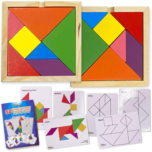 3 Bees & Me 2 Wooden Tangram Shapes Puzzle Toys with 52 Pattern Cards for Kids and Adults - Montessori Wood Toy, STEM Shape Puzzles Manipulatives Games, Educational Tangrams, Brain Logic Blocks