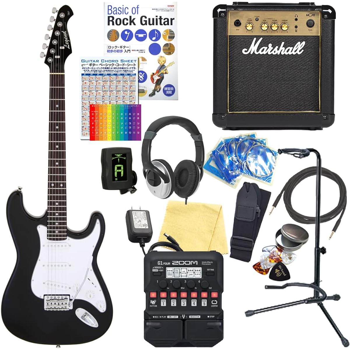 Electric Guitar Beginner Set Stratocaster Type 18-piece Set with Marshall Amplifier Legend LST-Z BKBK [ZOOM G1Four Multi-Effects Included]