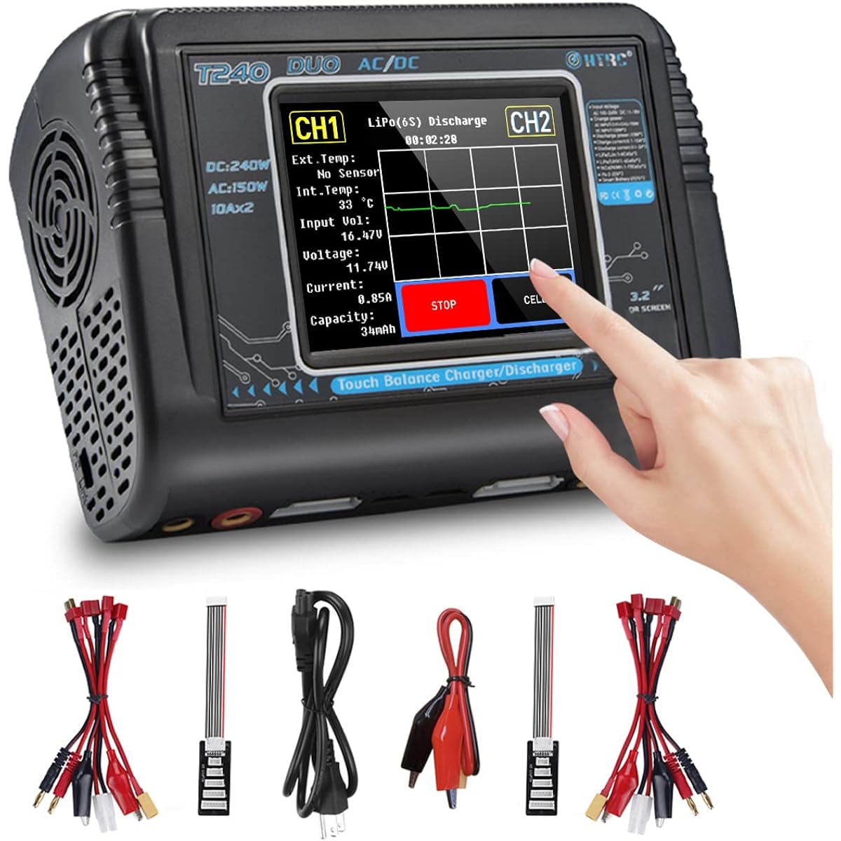 Lipo Battery Charger Dual Balance Touch Screen RC Charger Discharger AC150W DC240W 10A T240 Duo for 1-6S Li-ion LiFe LiHV 1-15S NiCD NiMH PB Smart Battery