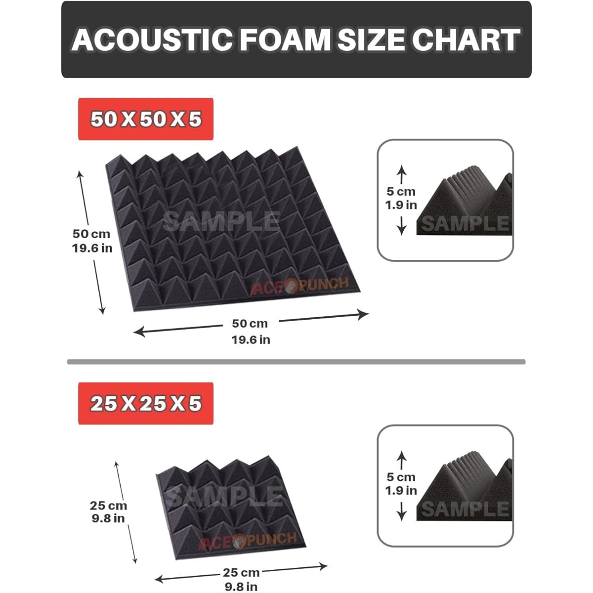 ACE Punch 8 Pack Pyramid Acoustic Foam Panels DIY Design Studio Soundproofing Wall Tiles Sound Insulation with Free Mount Tabs 9.8" x 9.8" x 1.9" AP1034 9.8" x 9.8" x 1.9"