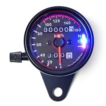 DKMOTORK 0021 KM/H 2.56" Diameter Mechanical Motorcycle Speedometer Dual Odometer with LED Backlight Neutral Headlight Turn Signal Indicator Stainless Steel 12V Black