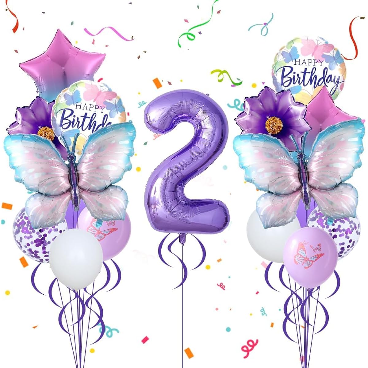 Butterfly Birthday Decorations for Girls 17 Pieces Giant Fairy Wings Butterfly and Number 2 Foil Balloon Butterfly 2nd Birthday Baby Shower Party Decorations