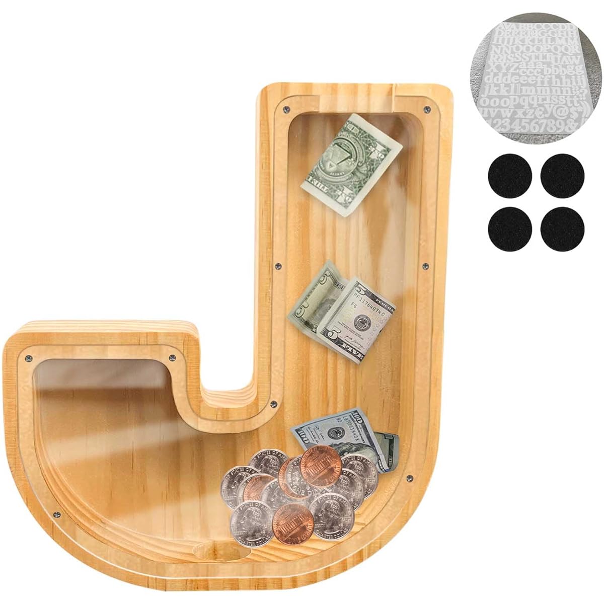 Piggy Bank for Boys Girls Kids Large Piggy Bank 26 English Alphabet Letters, Personalized Custom Name Transparent Piggy Bank Wooden Piggy Bank