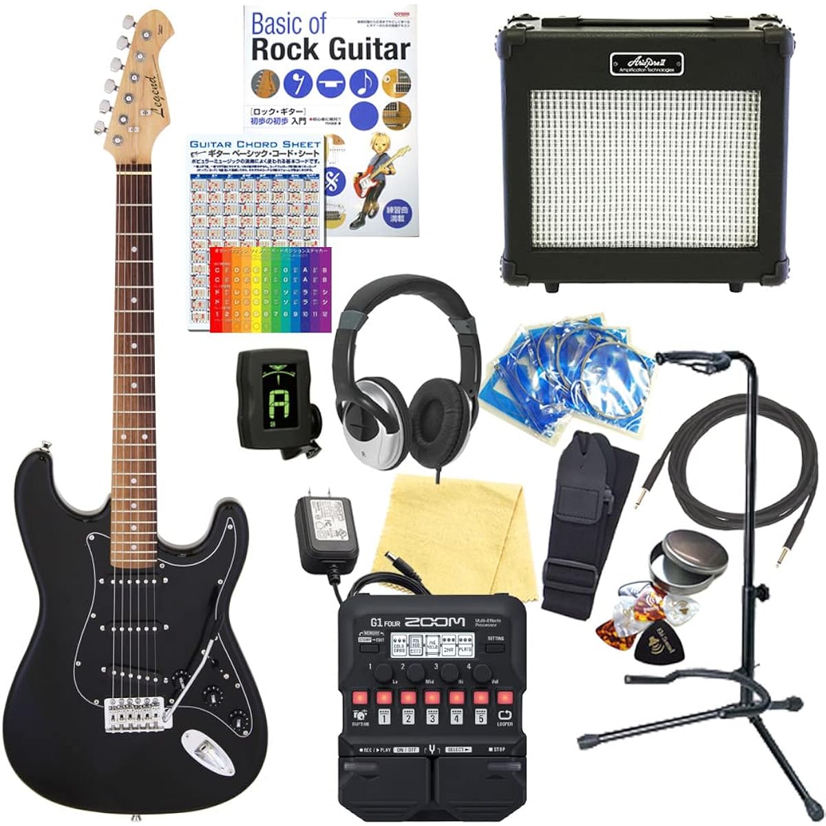 Electric Guitar Beginner Set Stratocaster Type 18-piece Set Legend LST-Z BBK [ZOOM G1Four Multi-Effector Included]