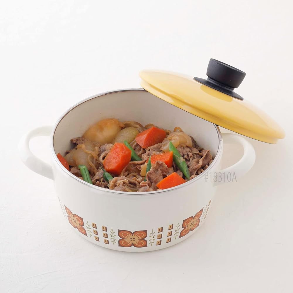 Fuji Enamel 70's Reprint Pattern Showa Retro Enamel Two Hand Pot Casserole 20cm IH Compatible Ovenable Memories Gold Nuts