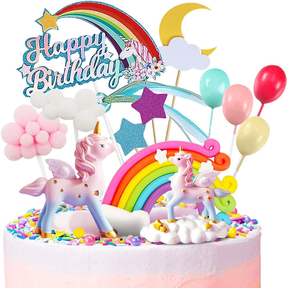 MOVINPE Unicorn Cake Topper, 2 Magic Unicorn Sculptures, 1 Rainbow, 1 Happy Birthday Banner, 2 Clouds, 4 Balloons, 12 Stars, 1 Moon, Cake Decoration for Girls Kids Women Birthday Party