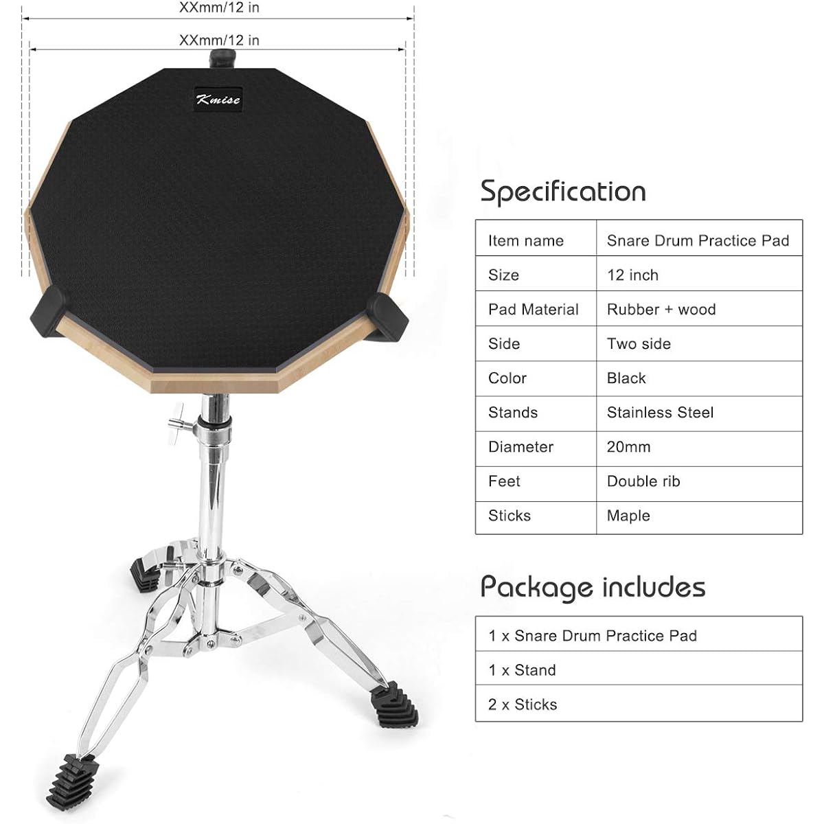 Kmise Drum Practice Pad Kit with Snare Drum Stand and Drumsticks, 12" Mute Double Sided Silent Drum Practice Training Pad Set with Stand & Drumsticks