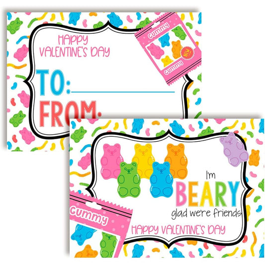 Amanda Creation Valentine Gummy Bear Valentine's Day Exchange Cards for Kids to Give to Friends and Classmates - 30 3.5" x 5" Fill-in Cards (No Envelopes)