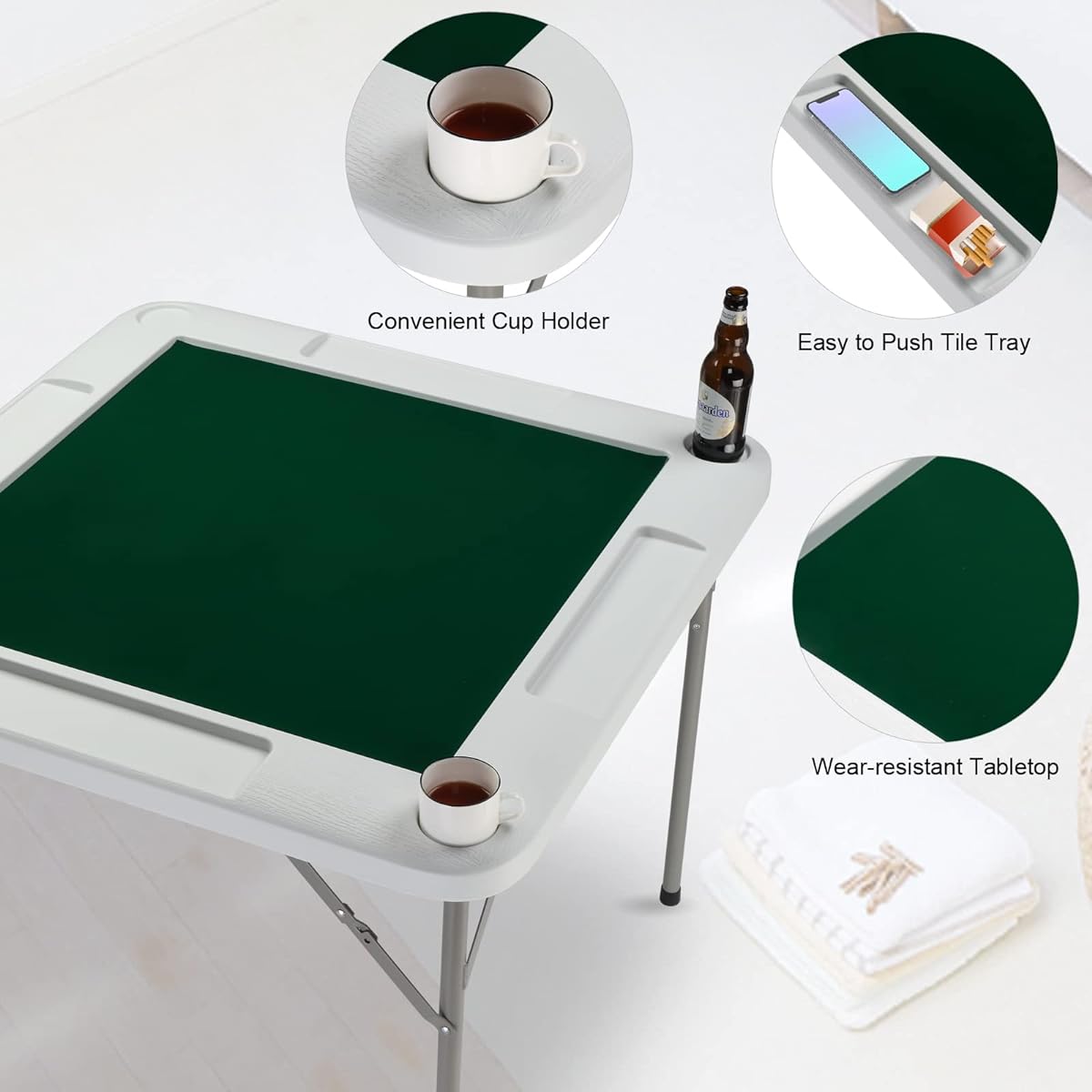 PEXMOR 35" Folding Mahjong Table Portable Poker Domino Card Game Table for 4 Players with Cup Holder and Chip Groove Foldable Square Table Blackjack Texas Hold'em Jigsaw Puzzle Board Game