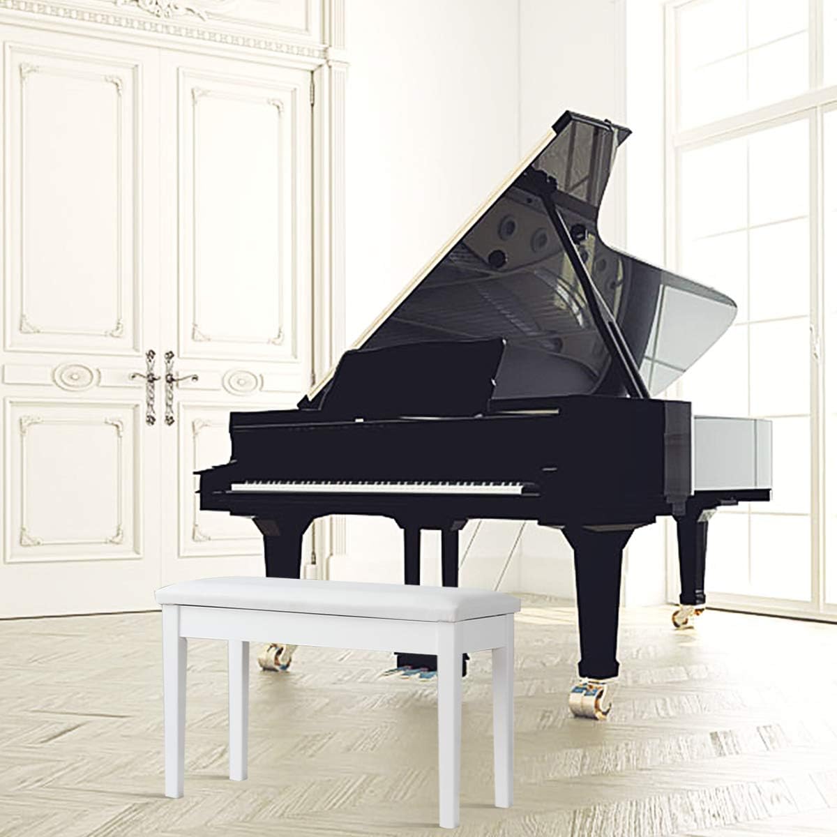 GOFLAME Piano Bench - Wooden Duet - Heavy Duty Piano Stool with Padded Cushion, Hidden Music Storage, Comfortable PU Leather Seat with Locking Hinges, Perfect for Home or Professional Use (White)