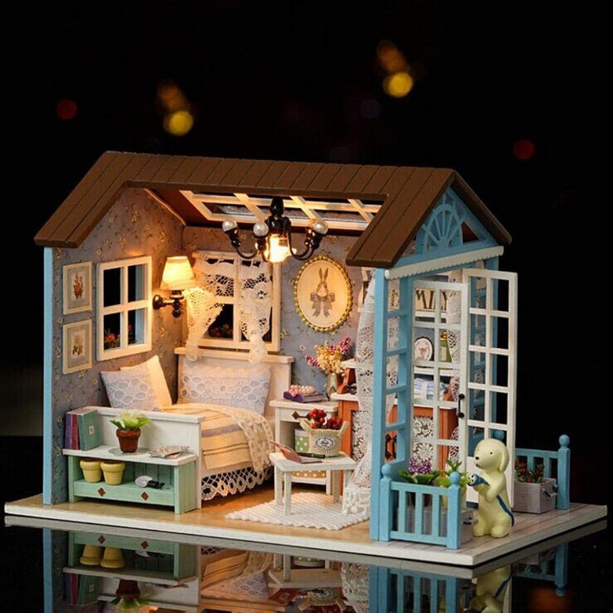 UniHobby DIY Dollhouse Miniature Kit Romantic Forest Time Wooden Mini House with Furniture Lights