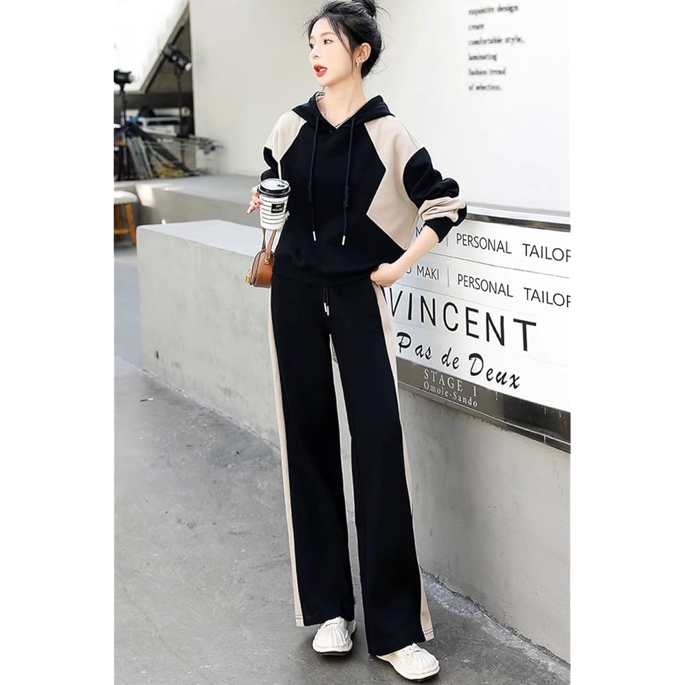 [H. zroy] Jersey Top and Bottom 2 Piece Set Women's Setup Autumn Winter Spring Parka Long Sleeve Sweatshirt Sportswear Loose Room Wear Stylish Casual