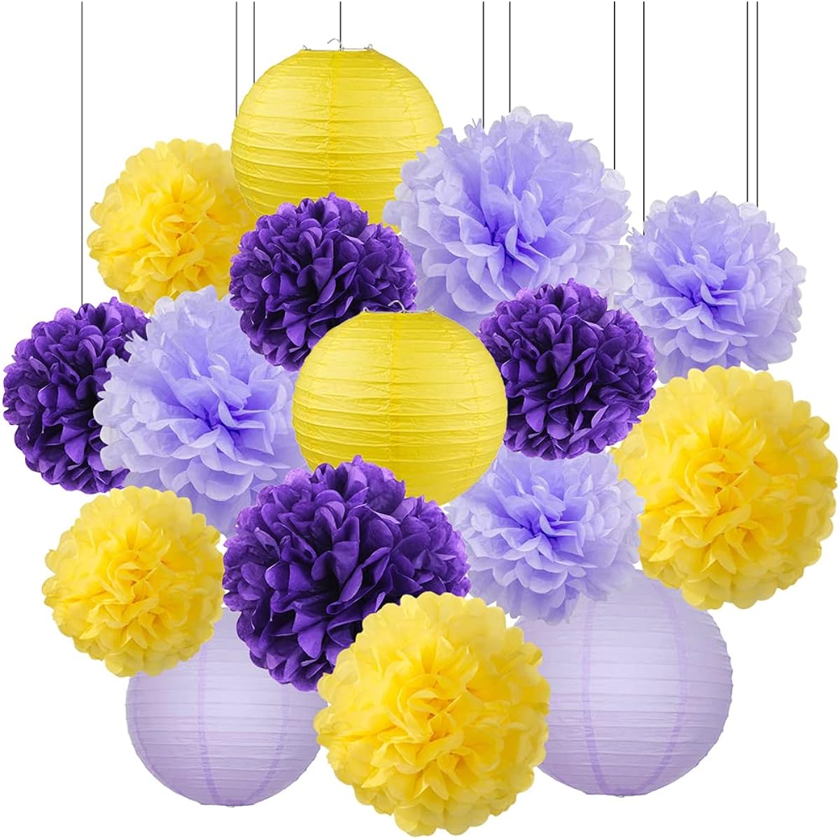 HappyField Butterfly Party Decorations 2023 Graduation Party Decorations Bridal Shower Decorations Baby Shower Decorations Purple Lavender Yellow Tissue Pom Poms Paper Lantern Birthday Decorations
