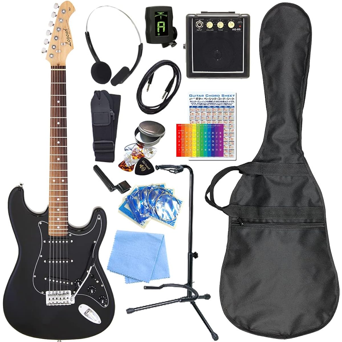 Electric guitar beginner set Stratocaster type mini amp 15-piece set Legend LST-Z BBK [98765]