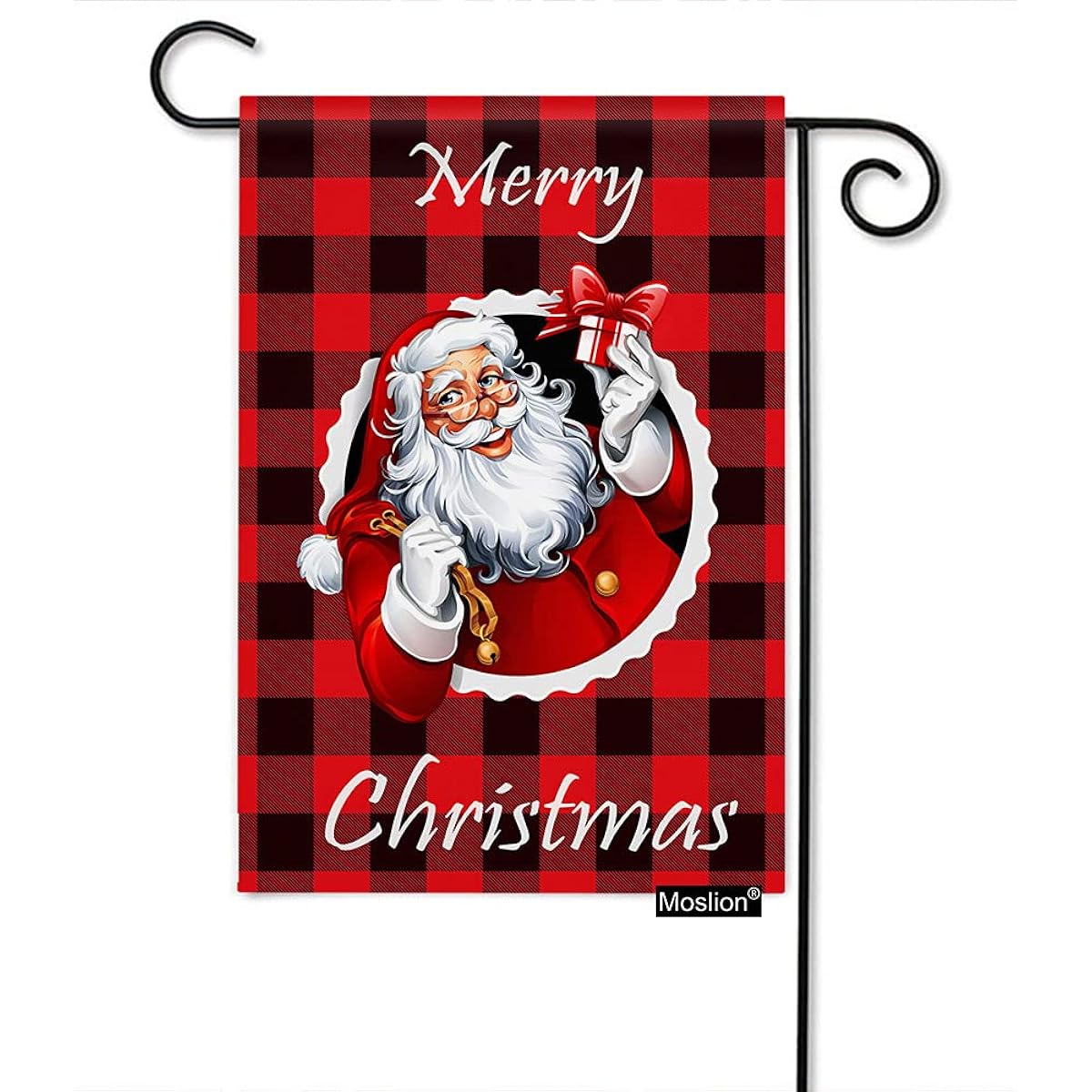 Moslion Santa Claus Merry Christmas Garden Flag 12.5x18 Inch Red Black Buffalo Check Classic Lumberjack Gingham Lattice Garden Flag Burlap Banner Vertical Double Sided Farmhouse Outdoor