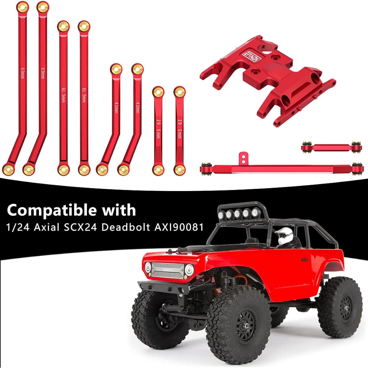 EPINON High Clearance Chassis Link Steering Link Suspension Link & Skid Plate Set 1/24 Axial SCX24 Deadbolt AXI90081 Upgrade Parts (Red)