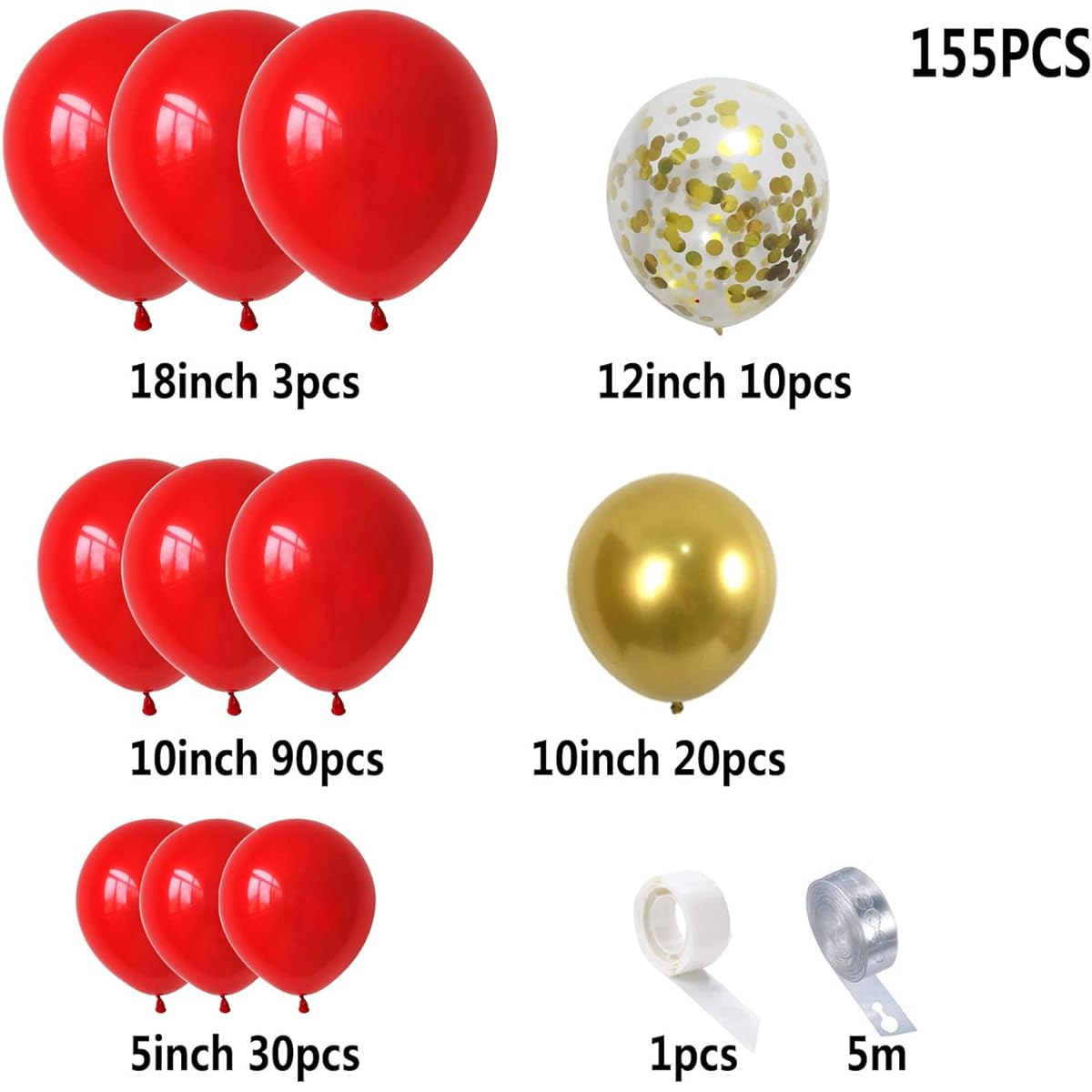 155 Pieces Red Gold Balloon Garland Kit Graduation Wedding Birthday Baby Shower Party Decoration