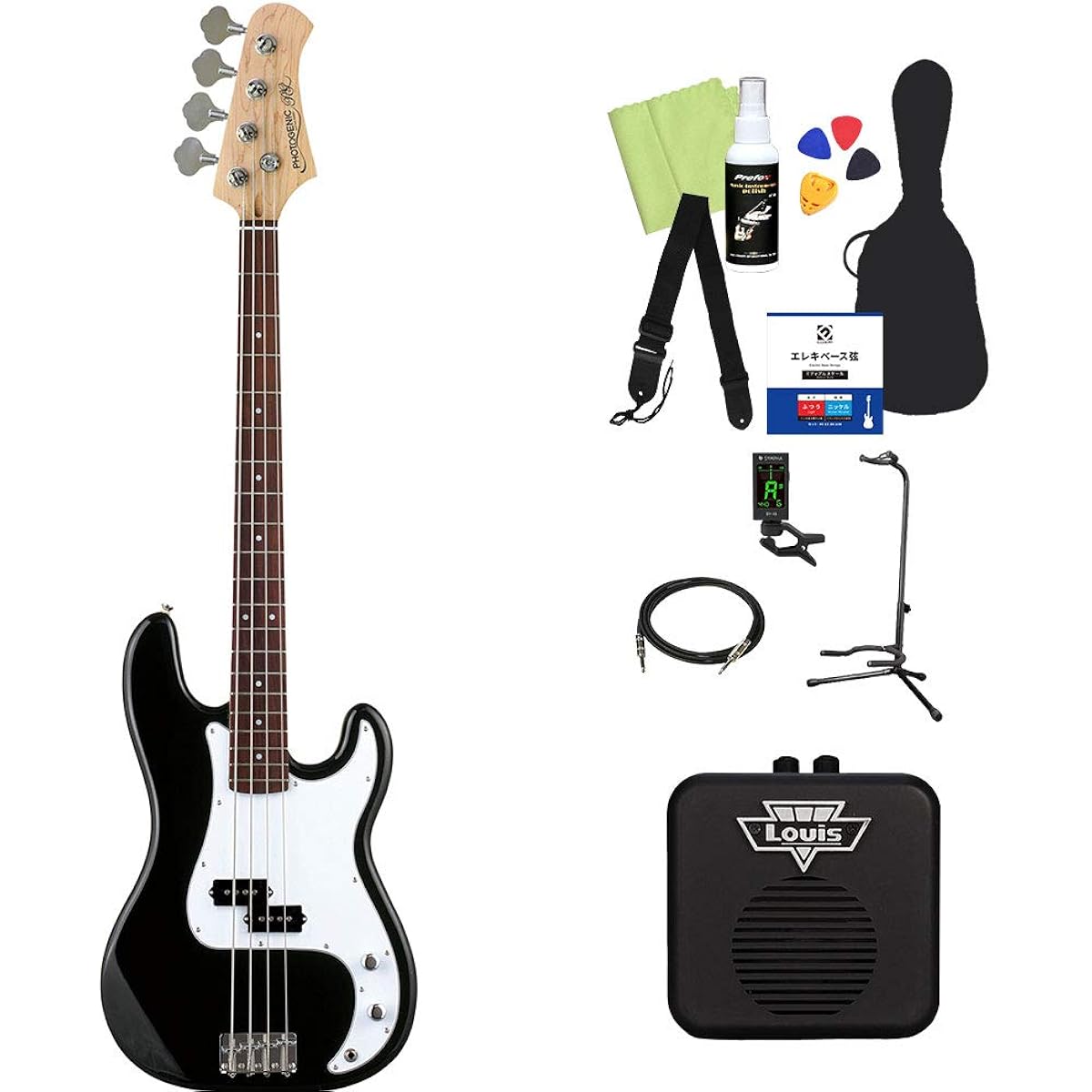 Photogenic PB-240/W3P BK Bass Beginner 12-piece set [with mini amp] Precision bass type Photogenic