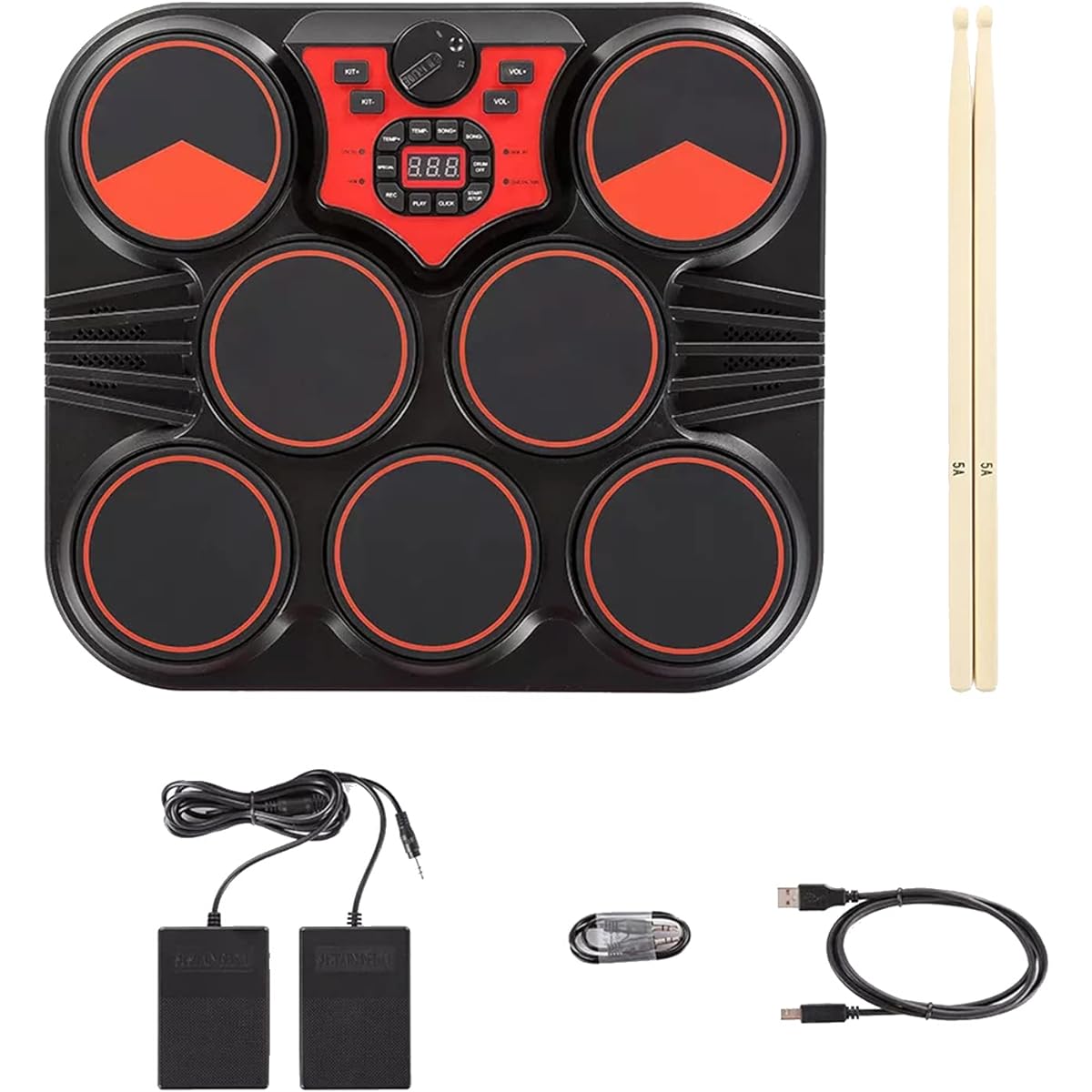 BUZHI Portable Drum Set, Tabletop Electronic Drum, USB/Battery Operated, 7 Pads, Portable Drum Set, Built-in Speaker, Rechargeable Lithium Battery, 2 Drumsticks, Kids, Children, Beginners, Foot Pedal