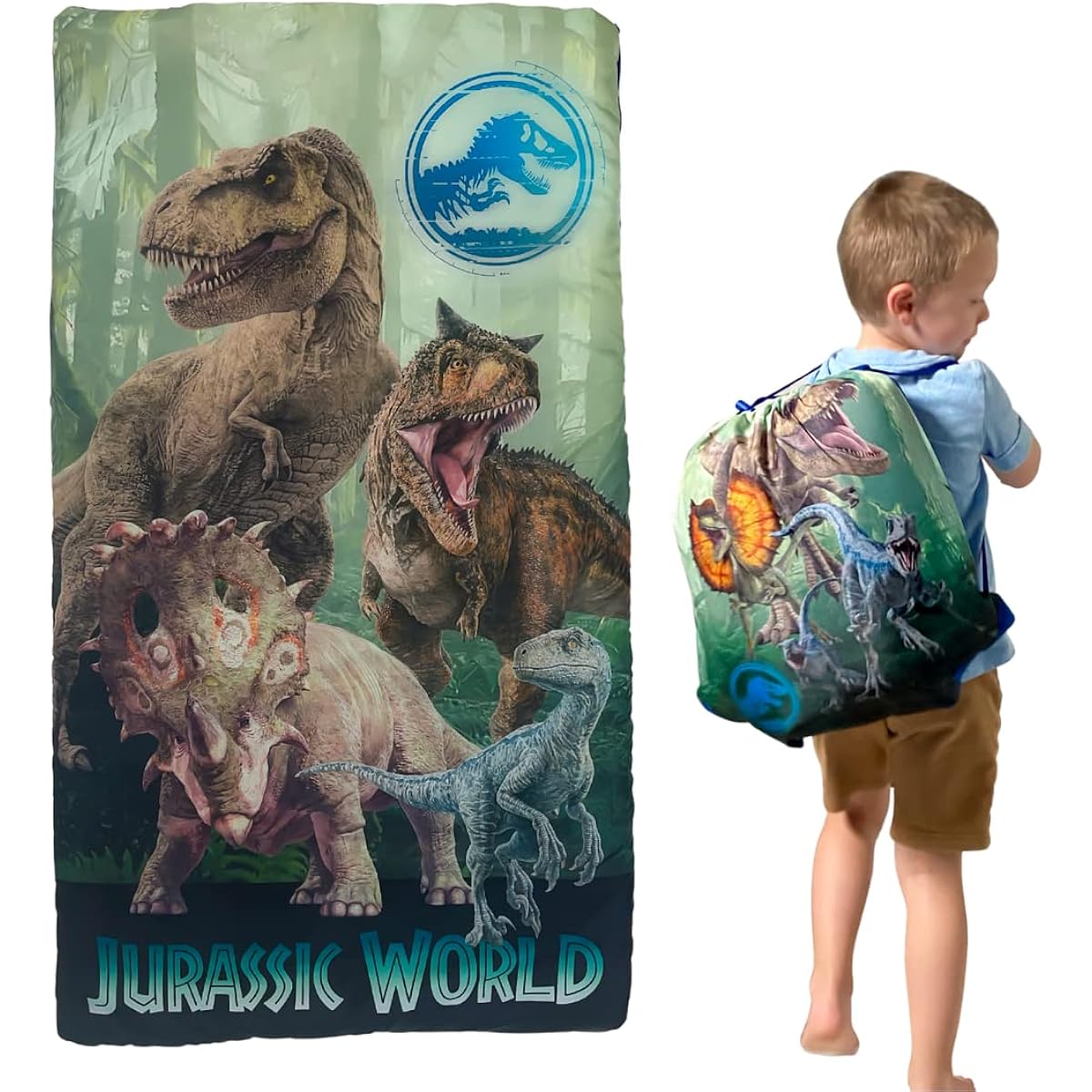 Franco Jurassic World Kids Soft Lightweight Sleeping/Sleep Bag and Sling Bag 2 Piece Set, 46" L x 26" W (Officially Licensed Jurassic World Product)