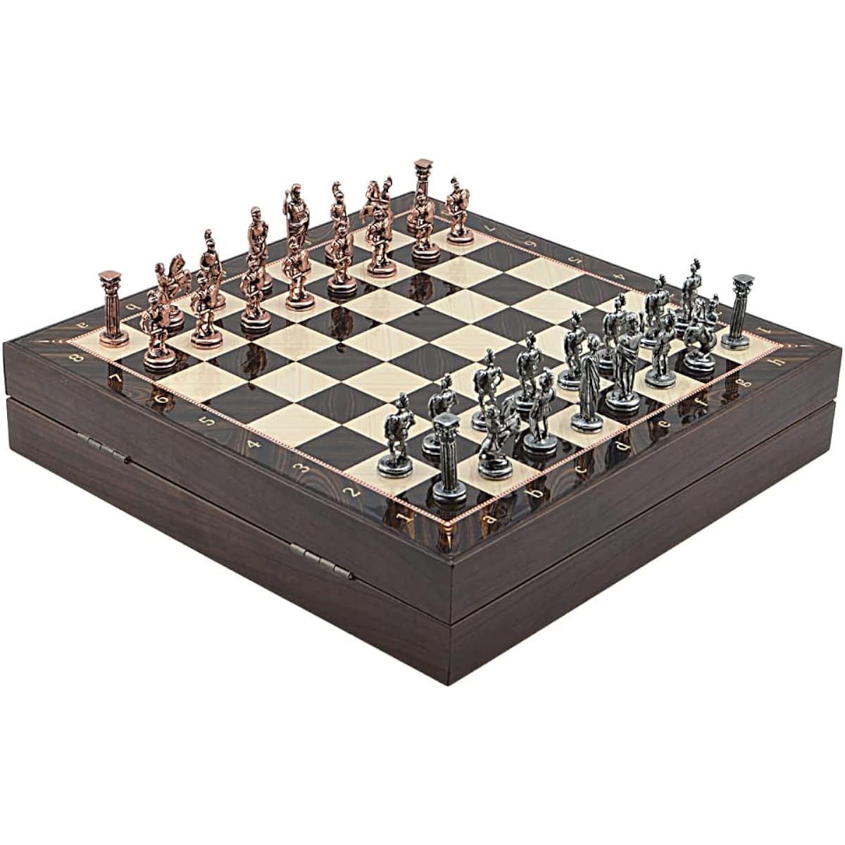 Metal Chess Set for Adults Historical Roman Antique Copper Figures Handmade Pieces Different Designs Wooden Chess Board with Storage (Walnut)