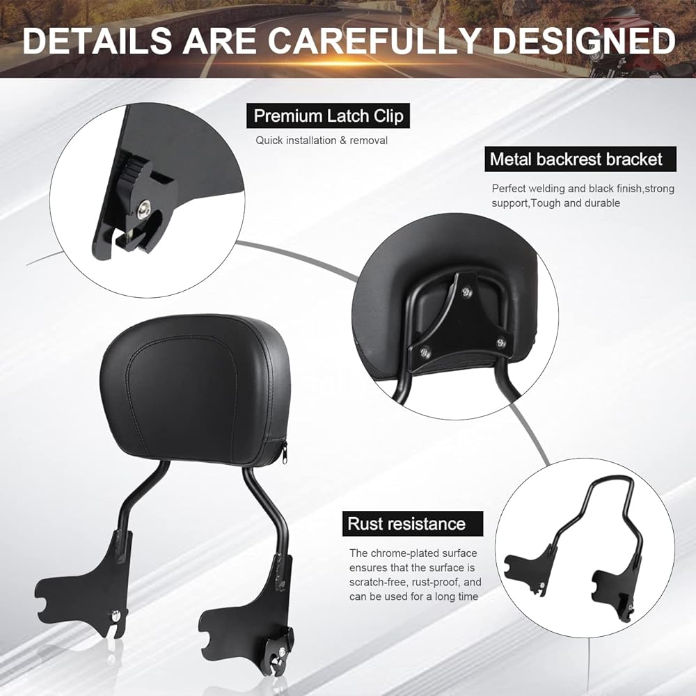 AUFER Removable Backrest Sissy Bar Upright Passenger Backrest with Backrest Pad Compatible with Touring Road King Street Glide Electra Glide FLHR FLHX FLHT FLTR 1997-2008 (Black)