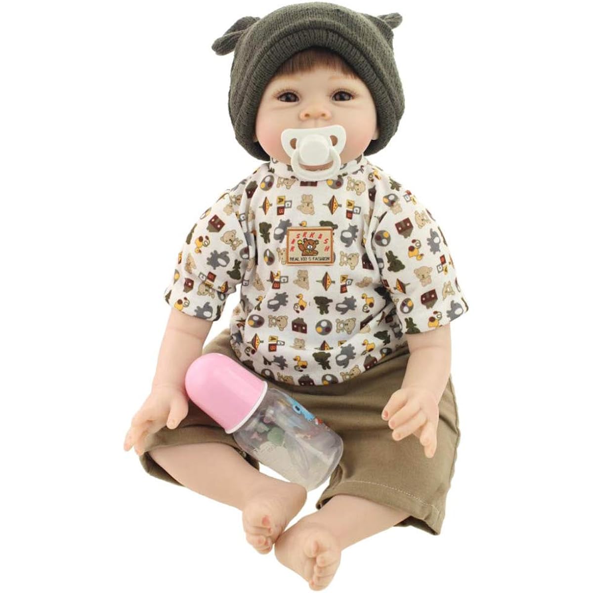 Reborn Baby Doll Boy 55cm 22inch Lifelike Silicone Newborn Baby Doll Realistic Baby with Magnet Pacifier Feeding Bottle