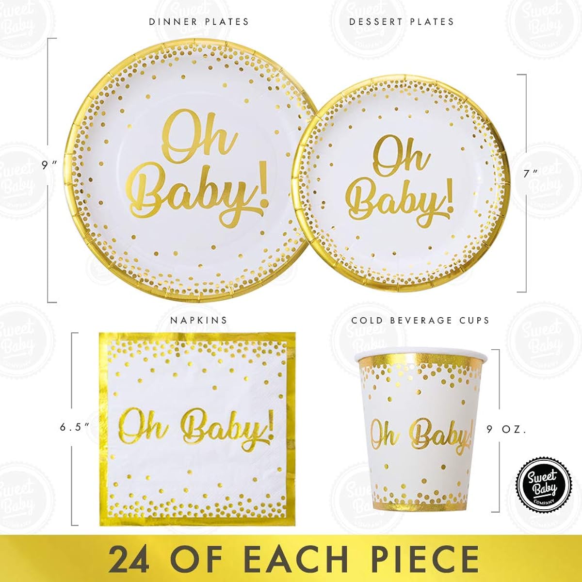 Sweet Baby Co. Oh Baby Shower Plates and Napkins for Boys and Girls - White and Gold Paper Plates, Cups, Napkins, Disposable Tableware for 24 Guests - Party Supplies and Decorations