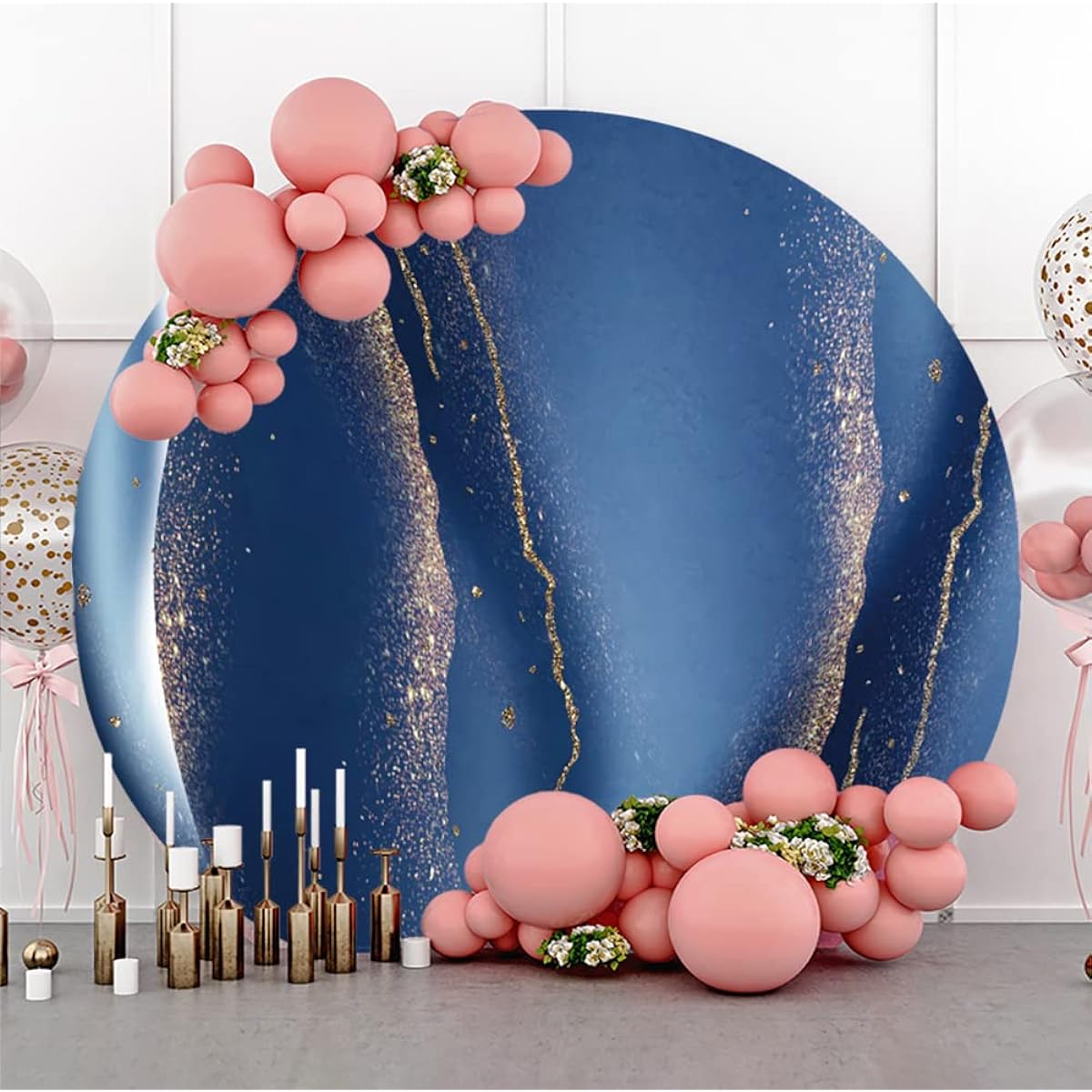 Canessioa 4 x 4ft Blue Marble Round Background Polyester Royal Blue Marble Texture Design Round Backdrop Cover Gold Crack Modern Abstract Round Backdrop for Adults Birthday Party Anniversary Wedding