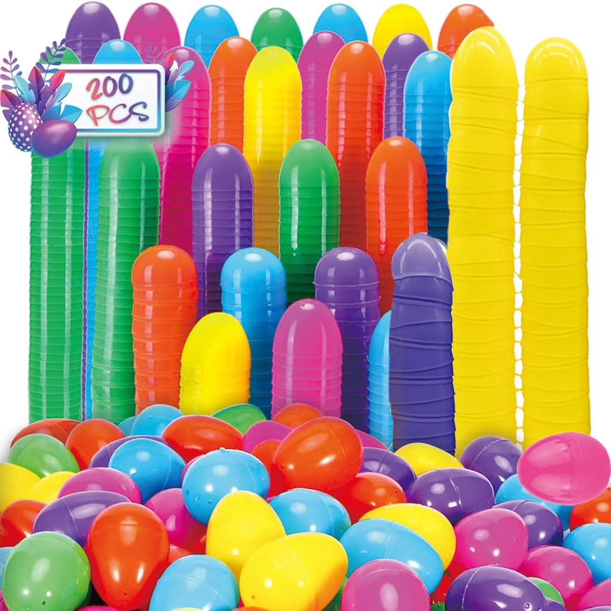 CAMIRUS Plastic Easter Eggs, 200pcs Fillable Easter Egg Toys, 2.4" Bulk Bright Colorful Empty Shell Eggs for Kids Toddlers, Easter Egg Hunt, Easter Theme Party Favors, Basket Stuffers