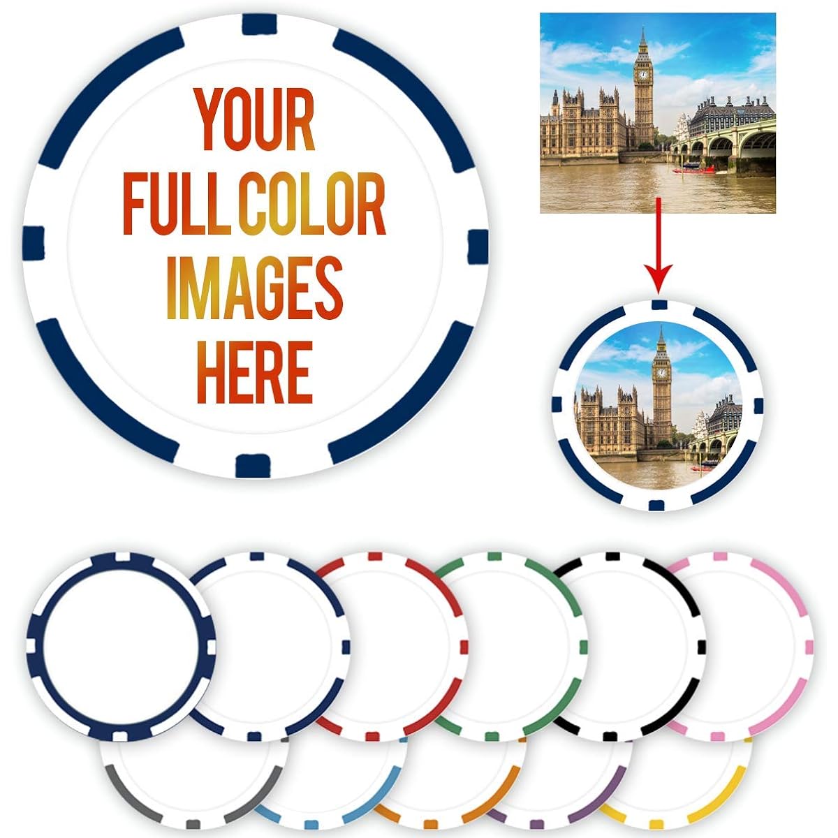 Custom Poker Chips: Place your image, promotional logo, or design on chips - 100 Full Color 11.5 Gram Poker Chips