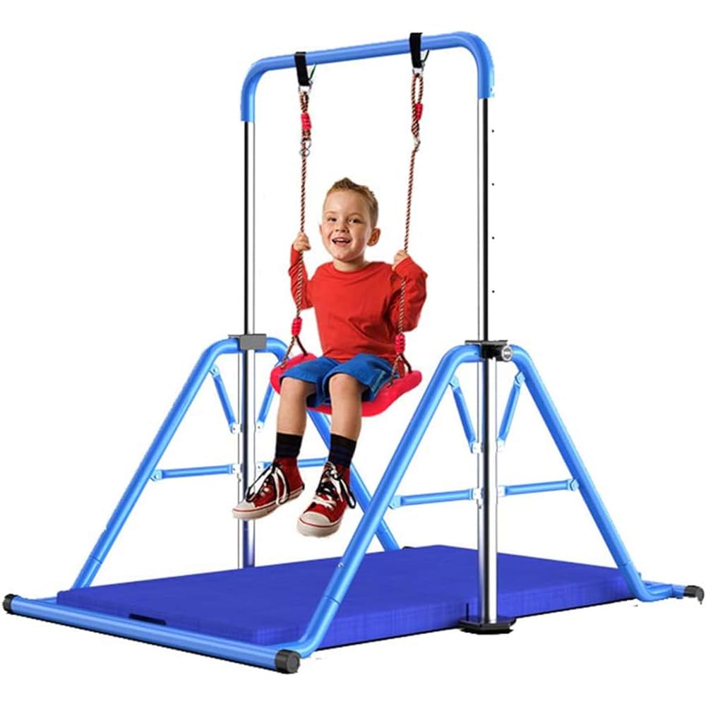 [Reinforced Type] Horizontal Bar for Children, Indoor and Outdoor, Load Capacity 75kg, Children's Reverse Climb, Foldable, Swing Included, 4 Levels Adjustable, ST Safety Certified (Blue, Set of 1)