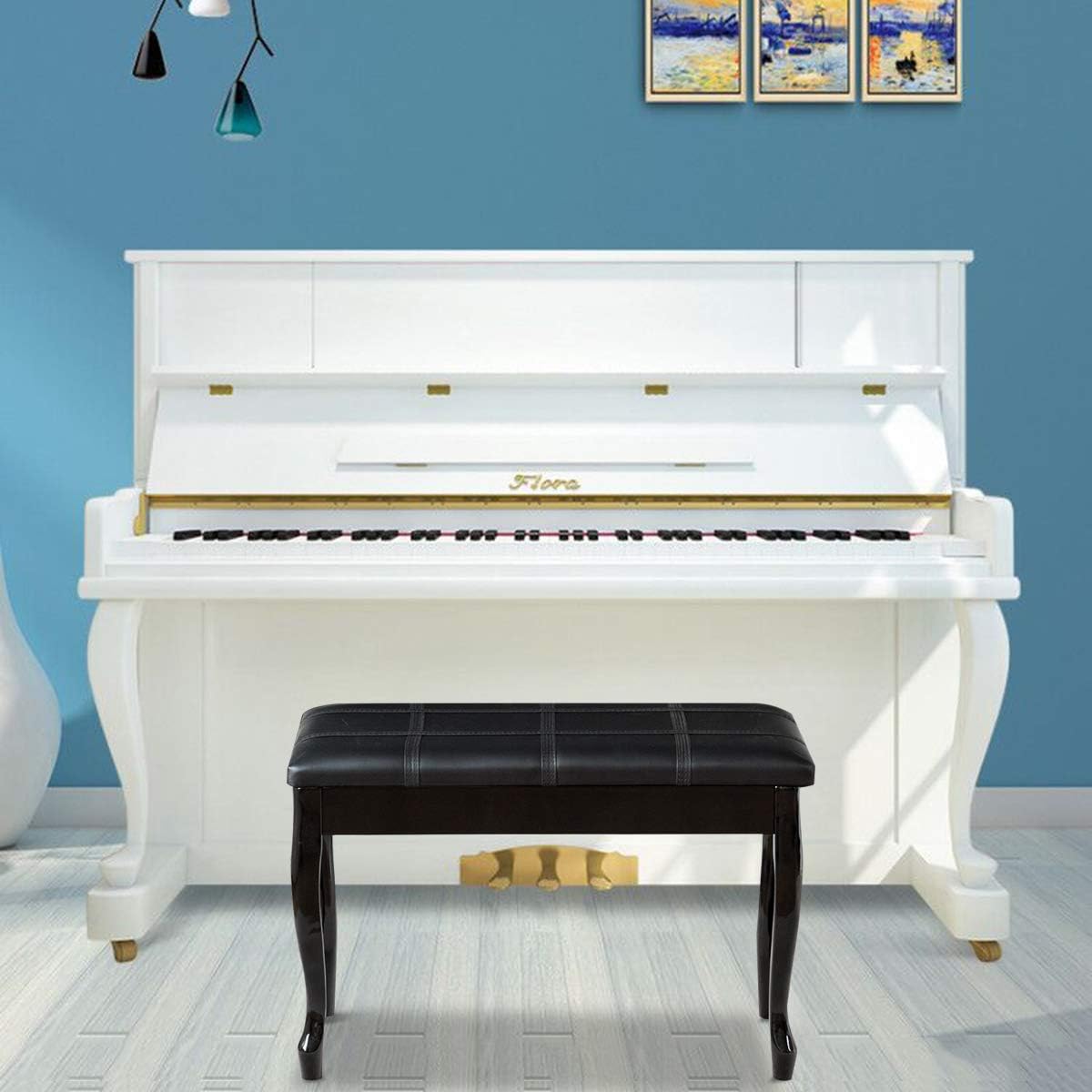 GOFLAME Piano Bench Stool with Padded Cushion and Music Storage, Heavy Duty Piano Duet Seat with PU Leather Padded Seat and Solid Wooden Legs, Perfect for Home Use (Black)