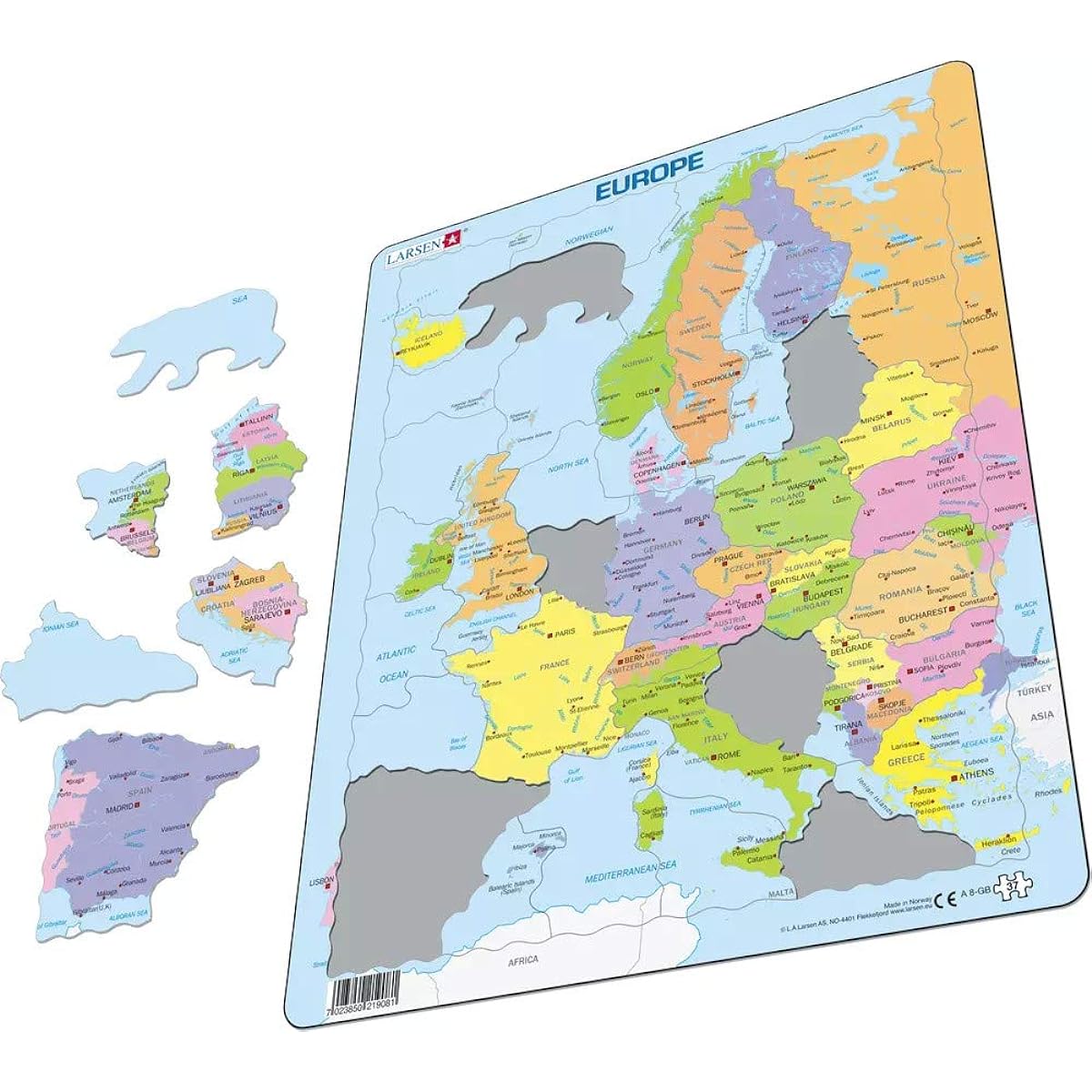Larsen Puzzles Europe Map for Kids Educational Jigsaw Puzzle 37 Piece Tray & Frame Style Puzzle Premium Handmade Puzzle Imported from Norway