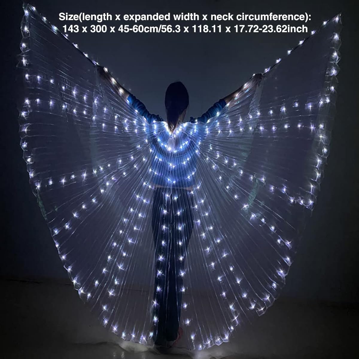 CALIDAKA LED Light Up Wings Belly Dance Isis Wing Cloak for Women with Extendable Sticks Halloween Christmas Costume Performance Props (White)
