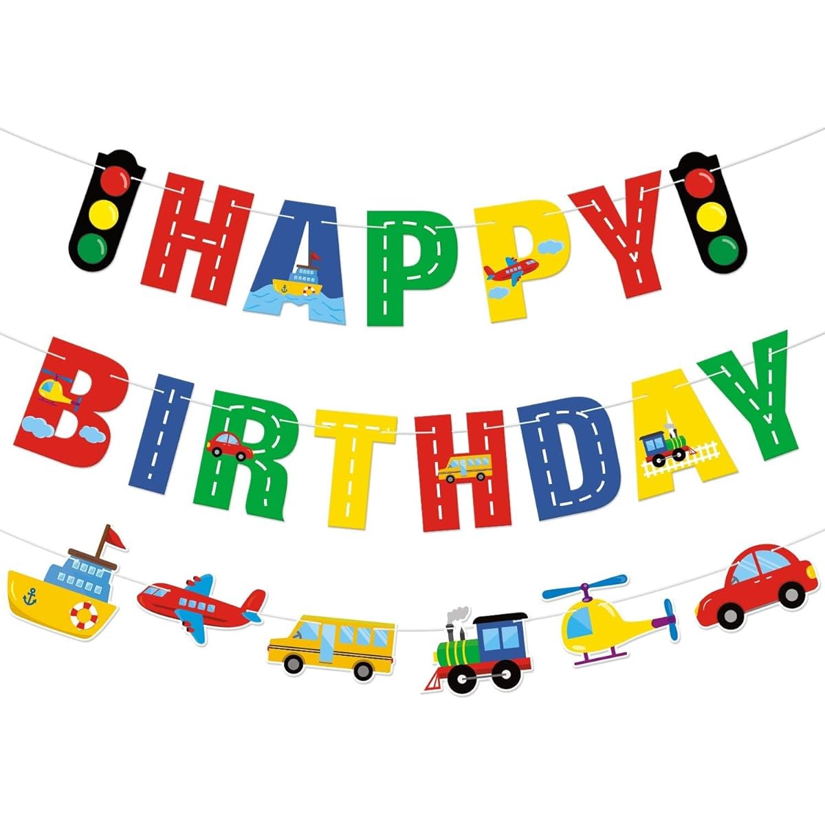 Faisichocalato Traffic Happy Birthday Banner with Car Bus Train Plane Ship Helicopter Traffic Lights Photo Props Garland for Kids Traffic Theme Birthday Party Decorations Baby Shower Supplies