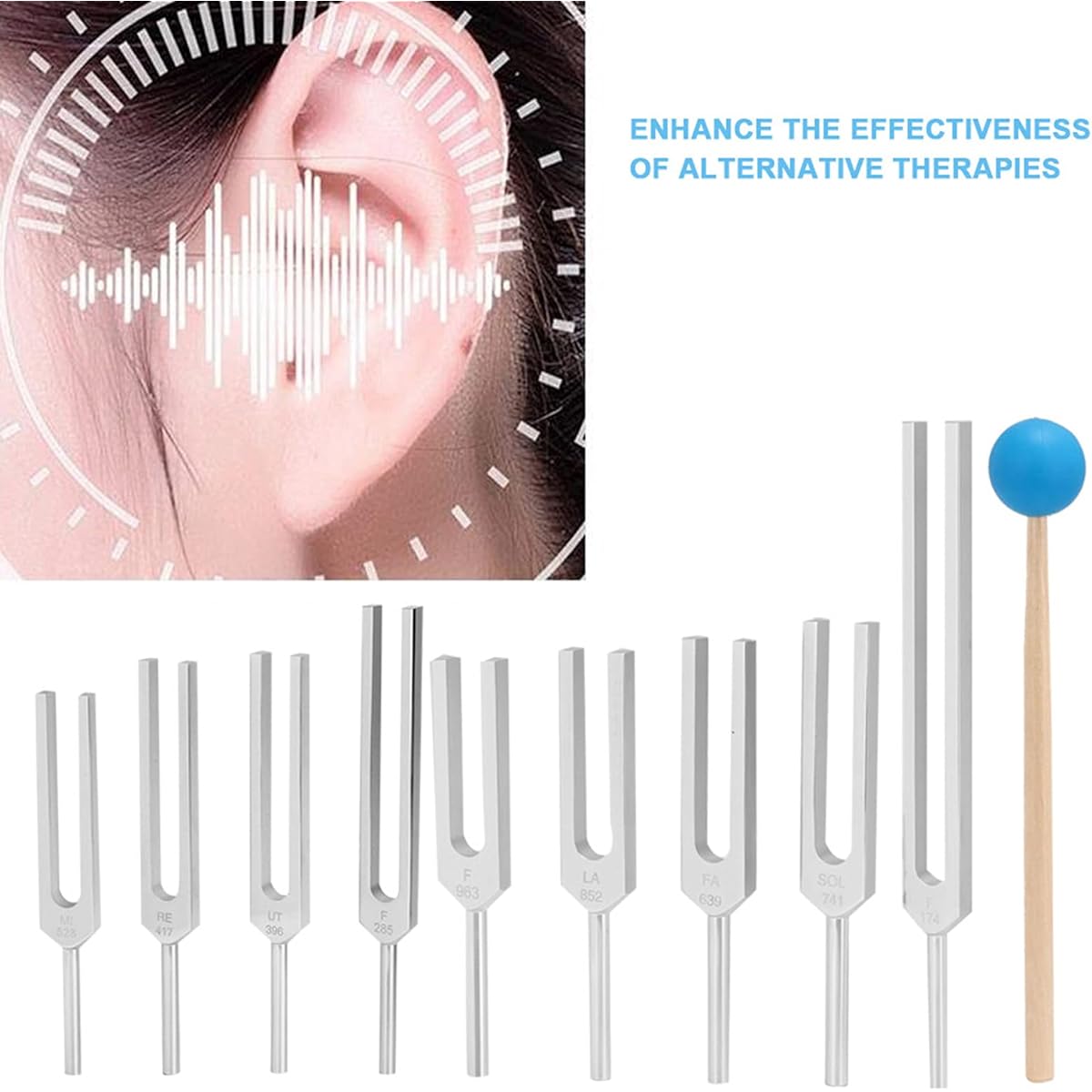 Tuning Fork Set, 9 Pieces 174/285/396/417/528/639/741/852/963HZ Tuning Fork Stainless Steel, Sound Vibration, Sound Tool Combination