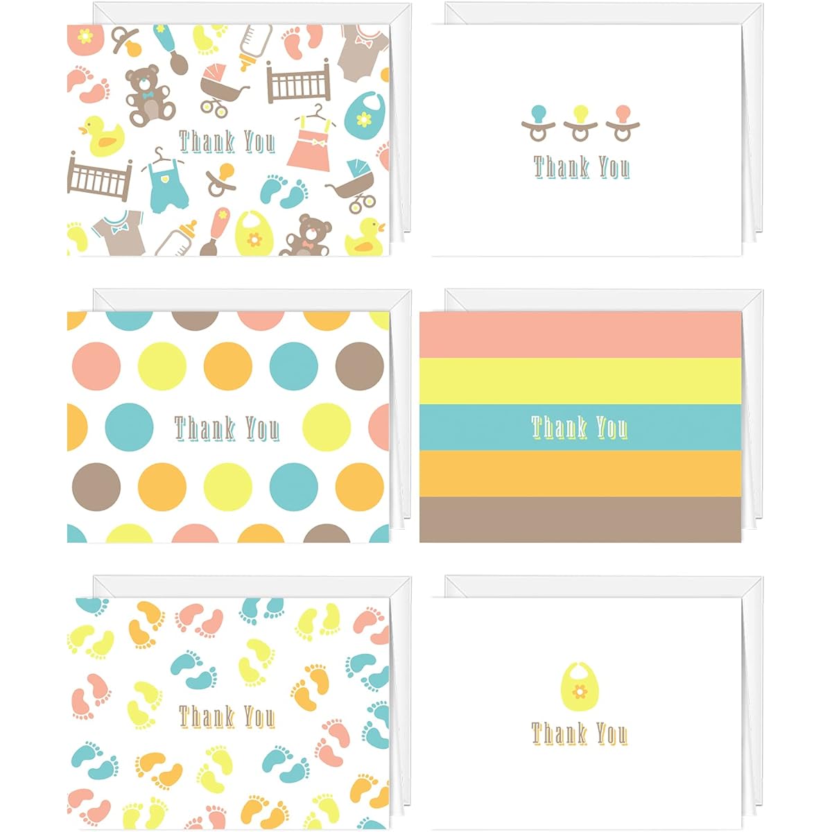 Traditional Pastel Thank You Greeting Cards / 24 Baby Shower Notecards with White Envelopes / 6 Adorable Gender Neutral Thank You Designs