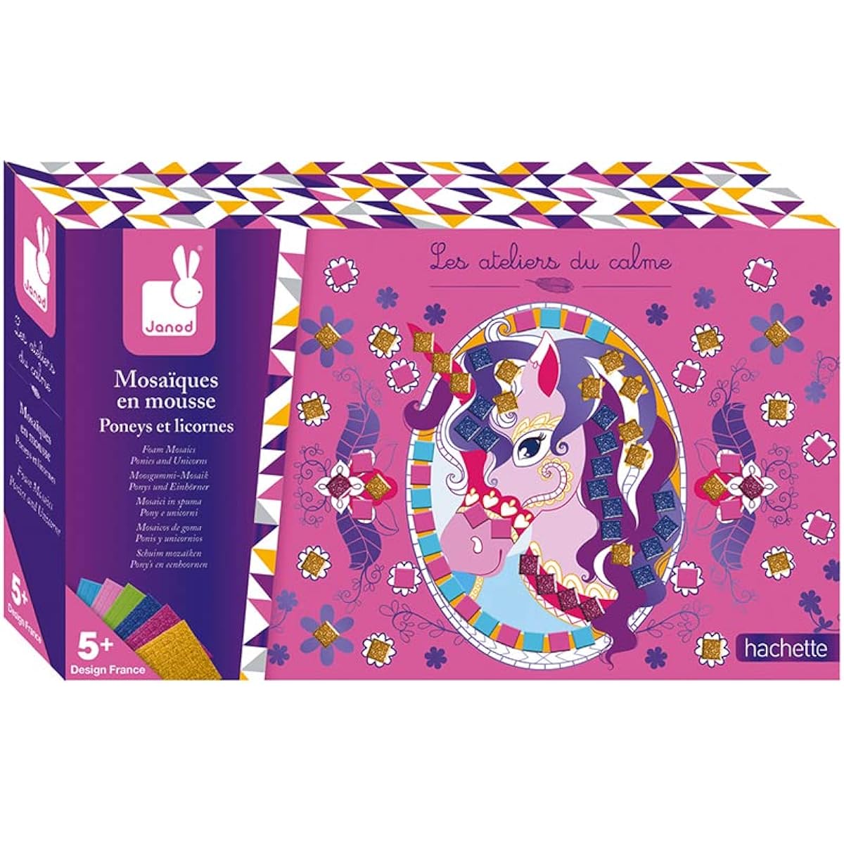 Janod Crafts No Glue Unicorn Pony Sticker Mosaic Kit Creative Imagination Invention Developmental Exercises STEAM Approach Ages 4-8+ (J07804)