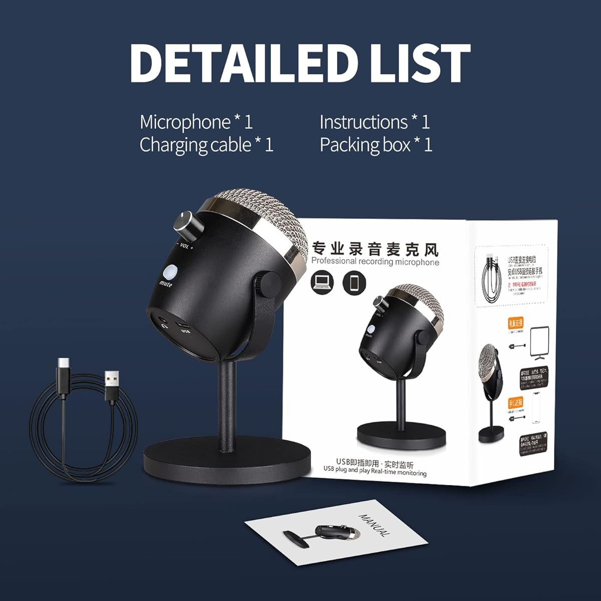 MICYUSHENGUSB Microphone Set, Podcast Mic for Phone PC/Microphone/Mac/Android Professional Plug and Play Studio Mic with Stand for Online Chat Video Audio Streaming with Overdrive