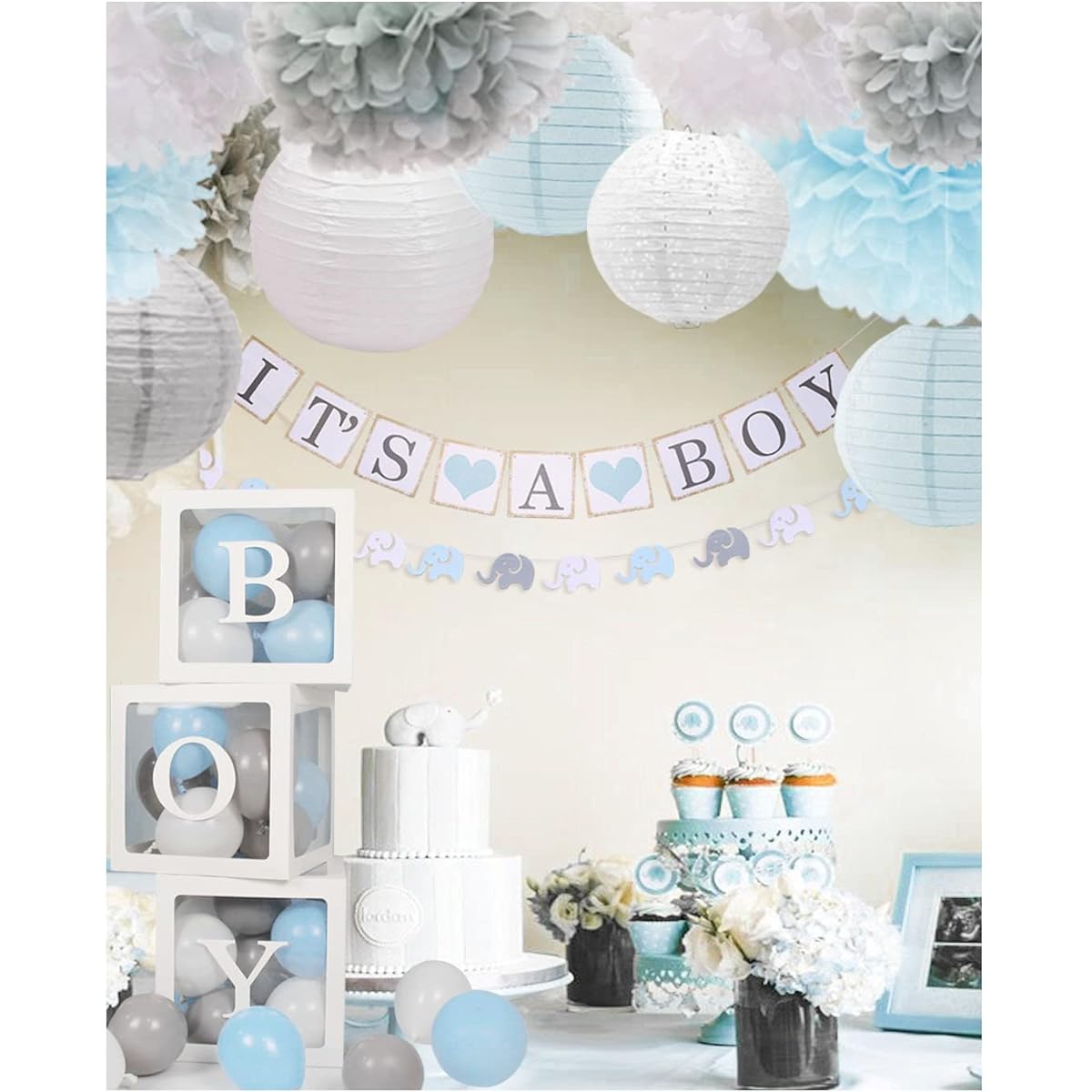 luckylibra Baby Shower Decorations for Boys B-O-Y Clear Balloon Box Latex Balloons Boys Banner Elephant Garland Paper Lanterns Paper Flowers Pompoms (Grey Blue White)