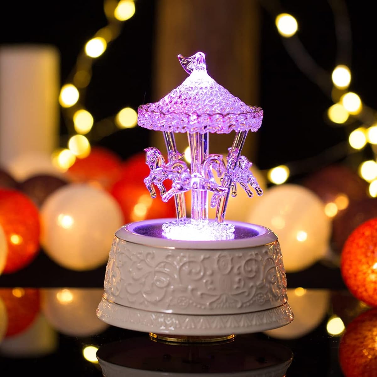 LOVE FOR YOU Crystal Carousel Horse Music Box Color Changing LED Light Luminous Music Box Birthday Valentine's Day Gift for Kids (Sky Melody Castle Hand-spun Glass)
